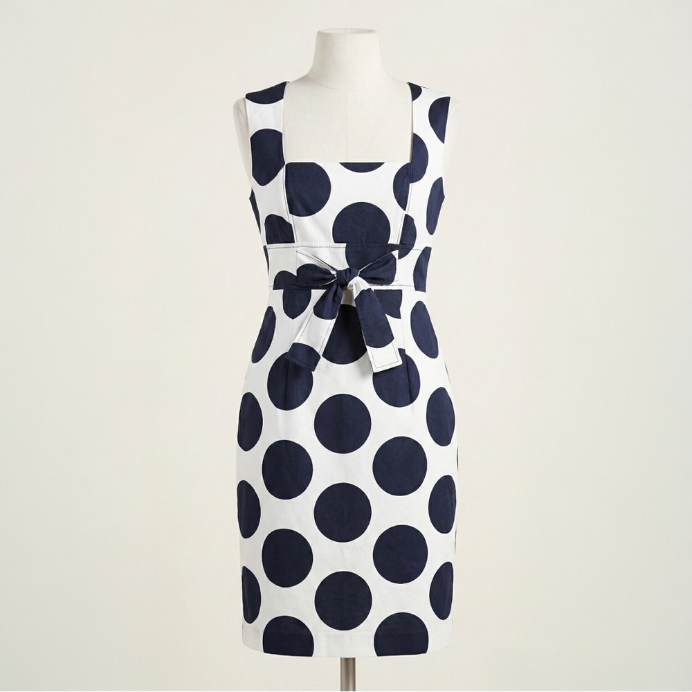 David Meister Navy White Polka Dot Tie Waist Sheath Dress Sleeveless Career Sz 2